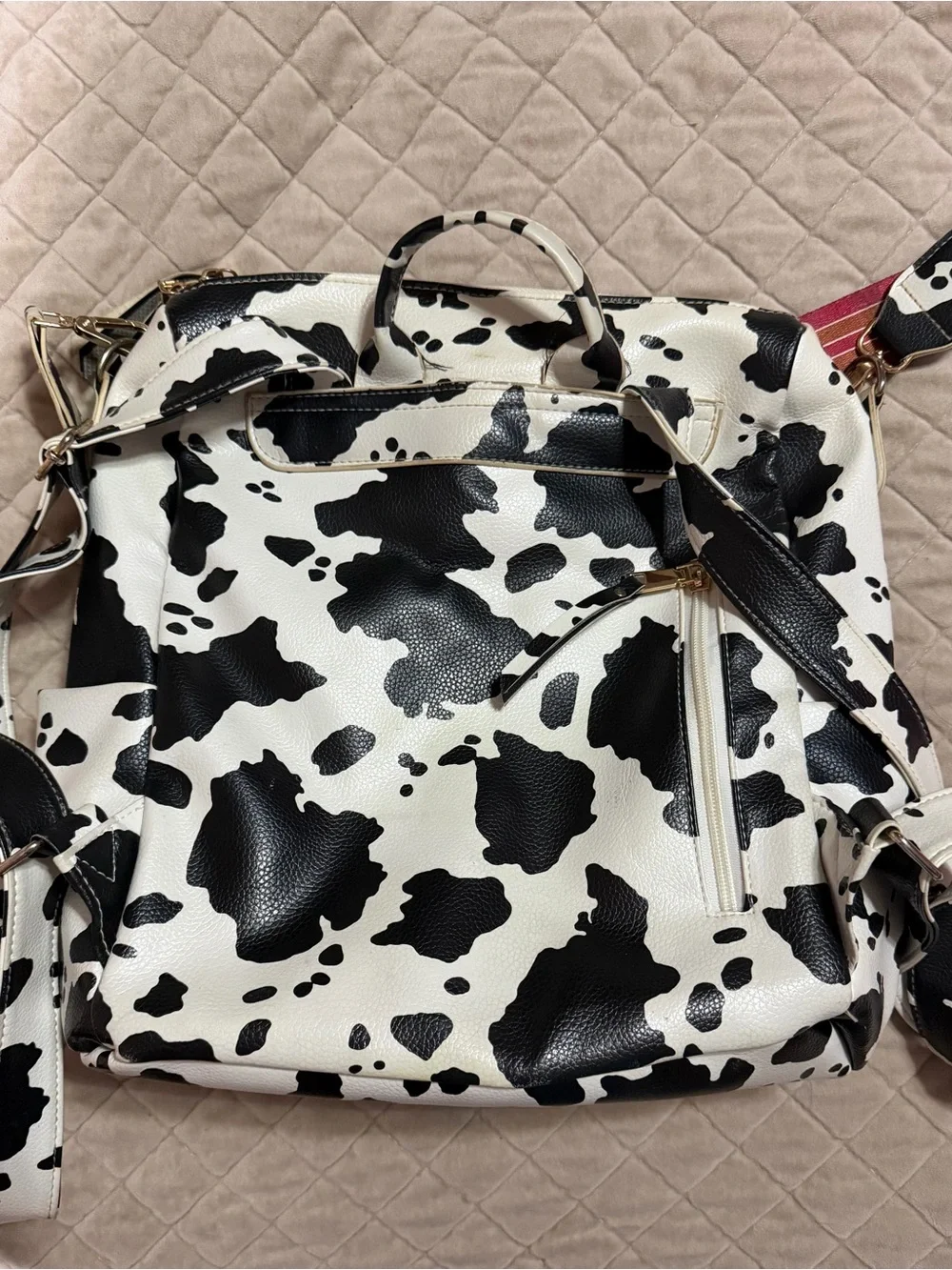 Cow Print Backpack Tote with Detachable Strap - Black and White